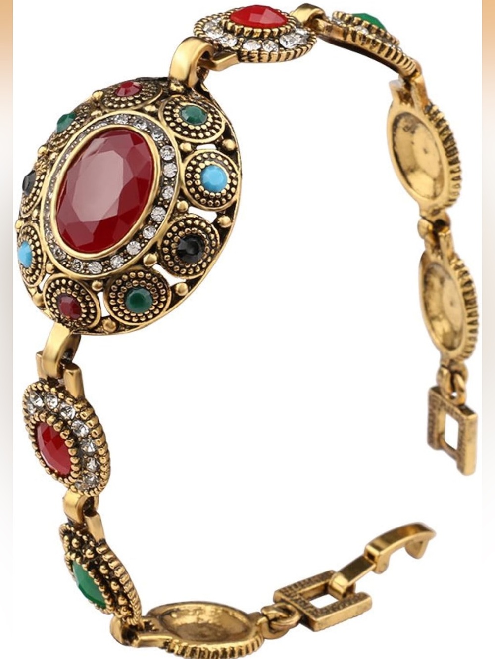 Anthropologie Gold-Tone Multistone Oval Bracelet with Red Center